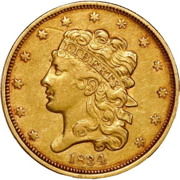 UNITED STATES, Philadelphia mint, gold $5 Classic Head Liberty "half eagle," 1834, plain 4.