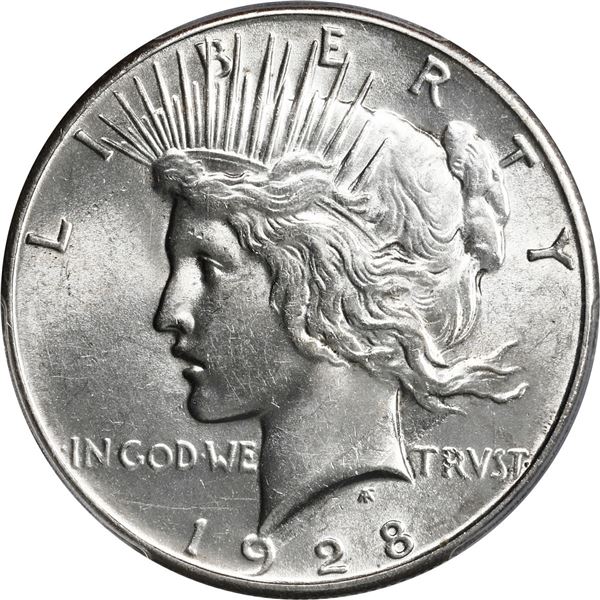 UNITED STATES, Philadelphia mint, Peace dollar, 1928, obverse struck-through error, PCGS AU58, ex-Bu