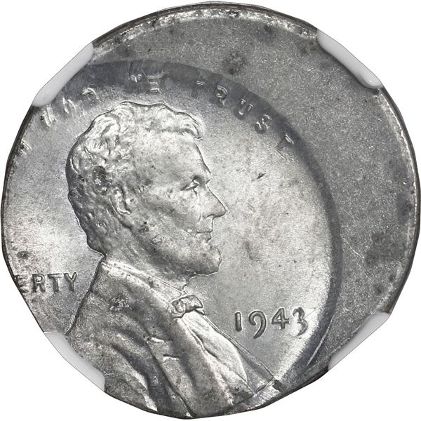 UNITED STATES, Philadelphia mint, steel Lincoln cent, 1943, struck 20% off-center error, NGC Mint Er