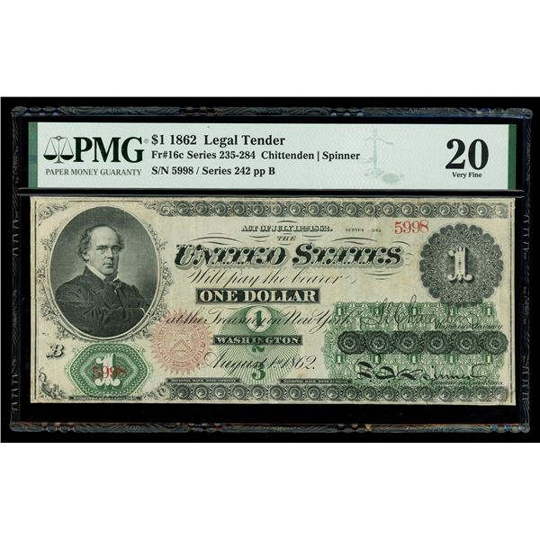 UNITED STATES, Washington, D.C., $1 Legal Tender note, 1862, serial 5998, series 242, Chittenden-Spi