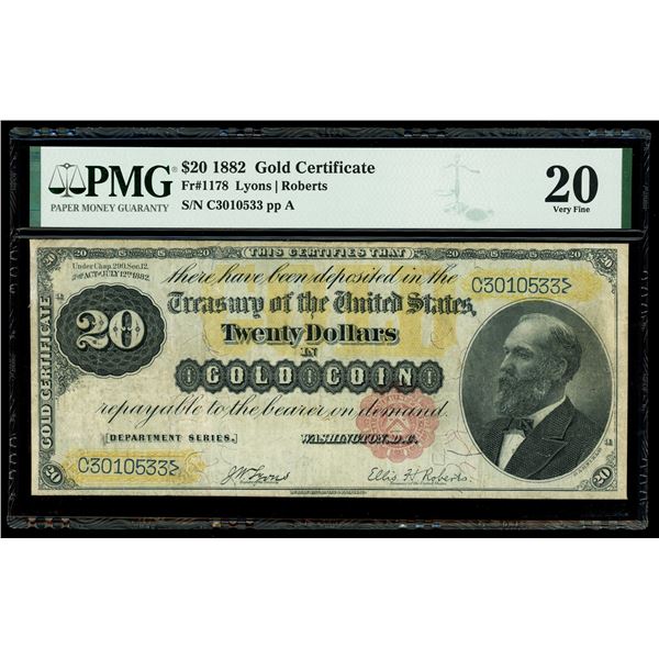 UNITED STATES, Washington, D.C., $20 Gold Certificate, 1882, serial C3010533, Lyons-Roberts, PMG VF 