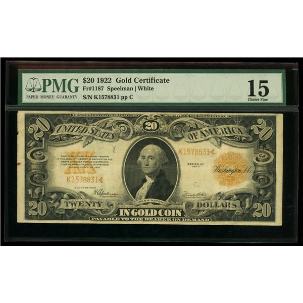 UNITED STATES, Washington, D.C., $20 Gold Certificate, series of 1922, serial K1578831, Speelman-Whi