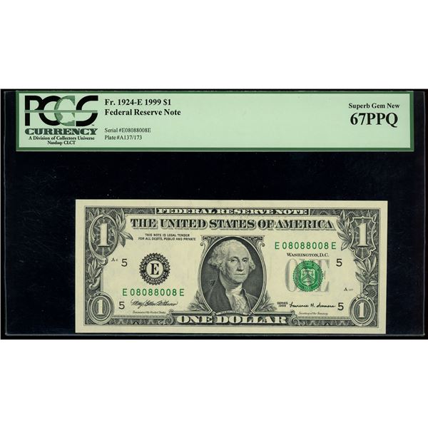 UNITED STATES, Washington, D.C., $1 Federal Reserve Note, series 1999, serial E08088008E, Withrow-Su