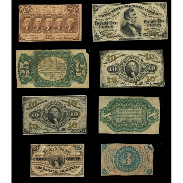 UNITED STATES, lot of eight uniface specimen notes from a "fractional currency shield" (1866-67).