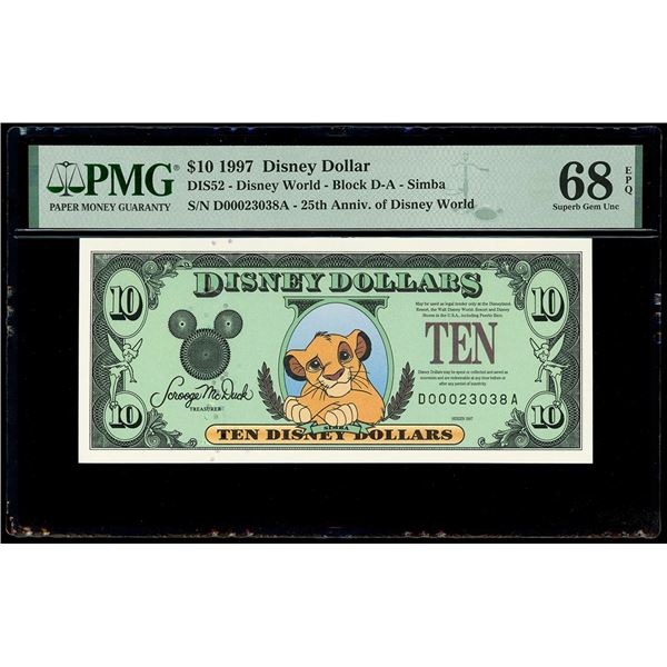 UNITED STATES, 10 Disney dollars, 1997, serial D00023038A, Simba / 25th Anniversary of Disney World,