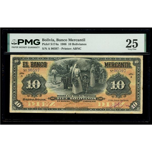 BOLIVIA, Oruro, Banco Mercantil, 10 bolivianos, 1-7-1906, series A, serial 90597, PMG VF 25, finest 