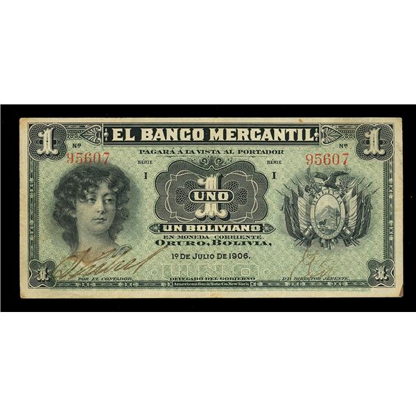 BOLIVIA, Oruro, Banco Mercantil, 1 boliviano, 1-7-1906, serial 95607.