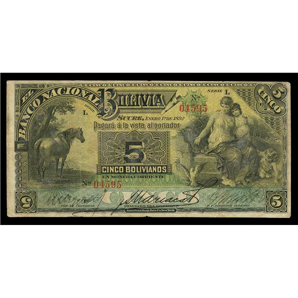 BOLIVIA, Potosí, Banco Nacional, 5 bolivianos, 1-1-1892, serial 04595.