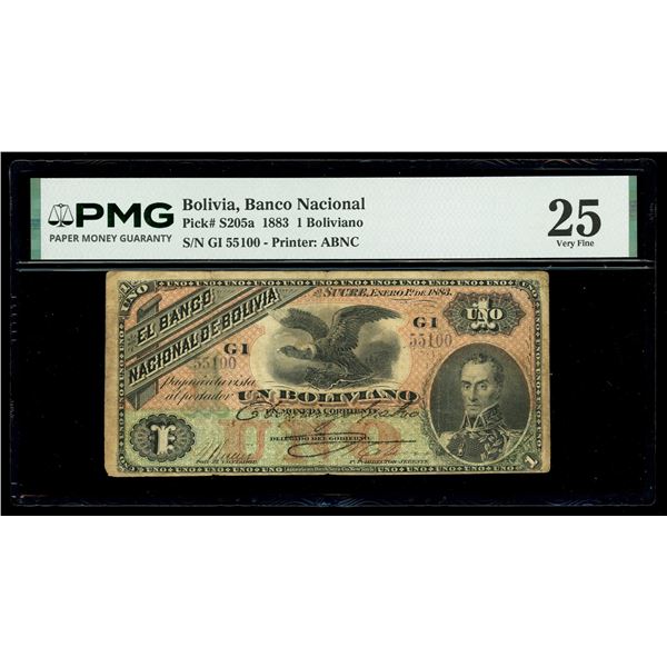 BOLIVIA, Sucre, Banco Nacional, 1 boliviano, 1-1-1883, series GI, serial 55100, PMG VF 25, "top pop.