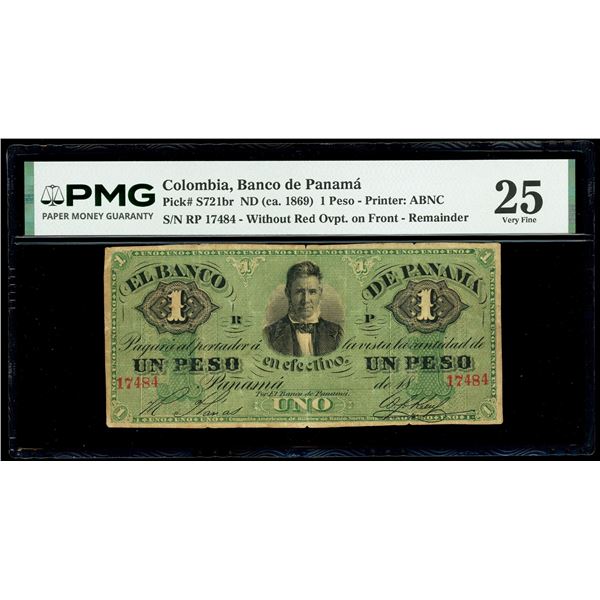 COLOMBIA, Banco de Panamá, 1 peso remainder, (1869), serial RP 17484, red overprint on back, PMG VF 