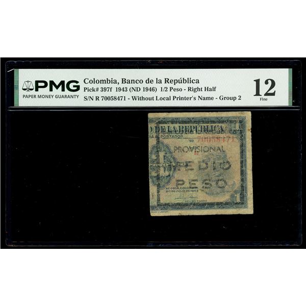 COLOMBIA, Bogotá, Banco de la República, provisional half peso, 20-7-1943, serial 70058471, black ov