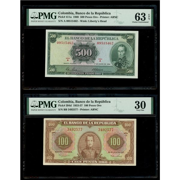 COLOMBIA, Bogotá, lot of three Banco de la República notes: 500 pesos oro, 1968, PMG Choice UNC 63 E