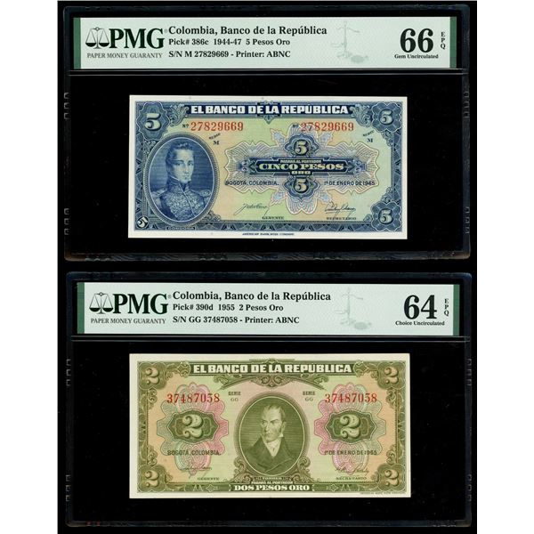 COLOMBIA, Bogotá, lot of three Banco de la República notes: 5 pesos oro, 1945, PMG Gem UNC 66 EPQ; 2