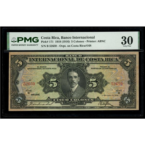 COSTA RICA, San José, Banco Internacional, 5 colones, 9-10-1918, series B, serial 52659, black overp