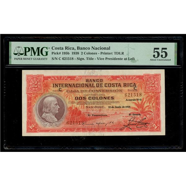 COSTA RICA, San José, Banco Internacional, 2 colones, 22-6-1938, series C, serial 621518, PMG AU 55.