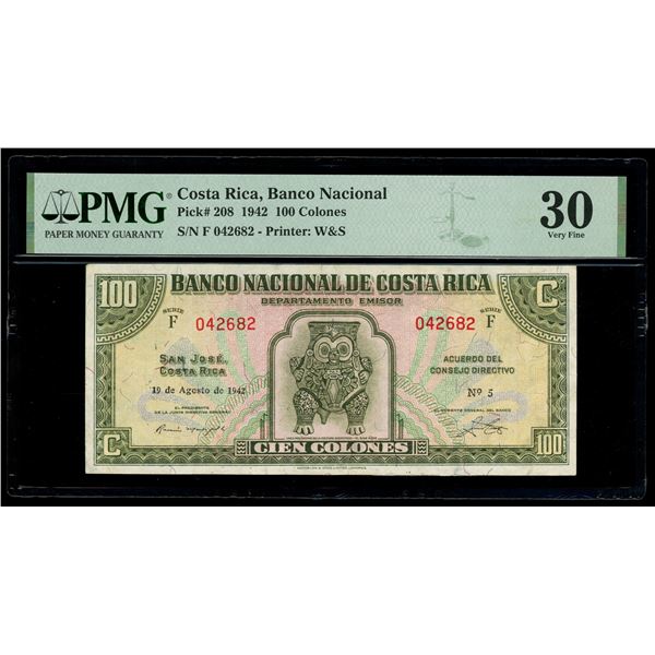 COSTA RICA, San José, Banco Nacional, 100 colones, 19-8-1942, series F, serial 042682, PMG VF 30.