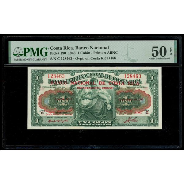 COSTA RICA, San José, Banco Nacional, 1 colón, 23-6-1943, series C, serial 128463, red overprint on 