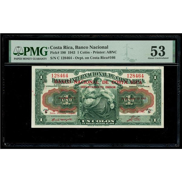 COSTA RICA, San José, Banco Nacional, 1 colón, 23-6-1943, series C, serial 128464, red overprint on 