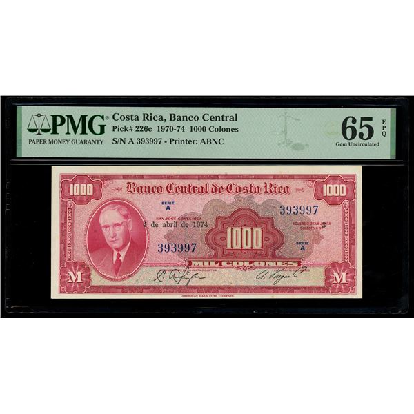 COSTA RICA, San José, Banco Central, 1000 colones, 4-4-1974, series A, serial 393997, PMG Gem UNC 65