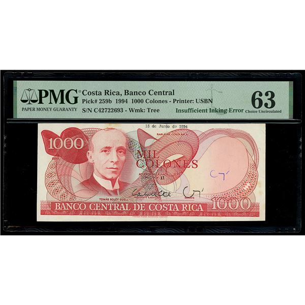 COSTA RICA, San José, Banco Central, 1000 colones, 15-6-1994, series C, serial C42722693, insufficie