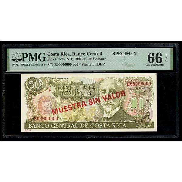 COSTA RICA, San José, Banco Central, 50 colones specimen, no date (1991-93), series E, PMG Gem UNC 6