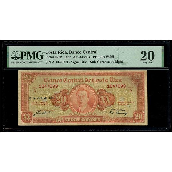 COSTA RICA, San José, Banco Central, 20 colones, 20-4-1955, series A, serial 1047099, offset printin