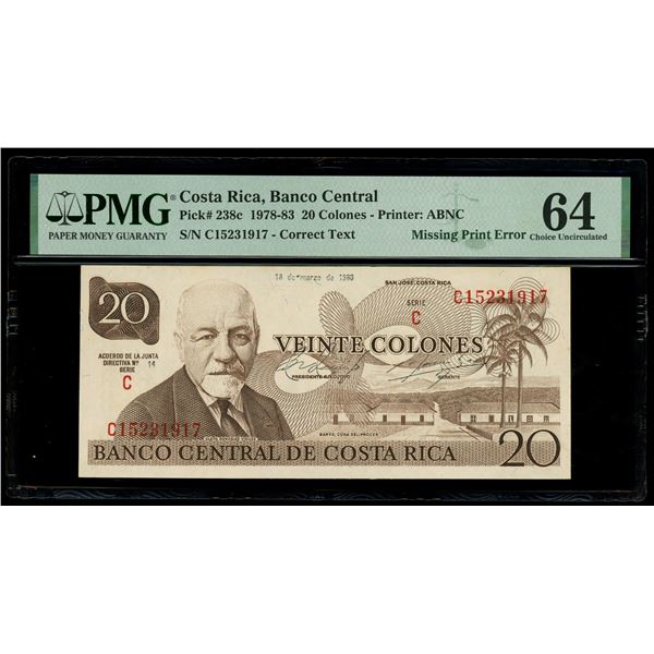COSTA RICA, San José, Banco Central, 20 colones, 18-3-1980, series C, serial C15231917, missing prin
