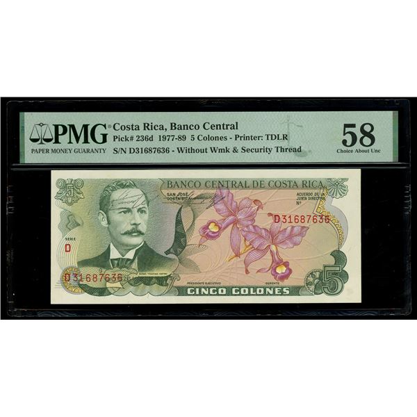 COSTA RICA, San José, Banco Central, 5 colones, 18-10-1979, series D, serial D31687636, inverted ove