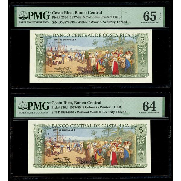 COSTA RICA, San José, Banco Central, lot of four sequential 5 colones, 4-10-1989, series D, serials 