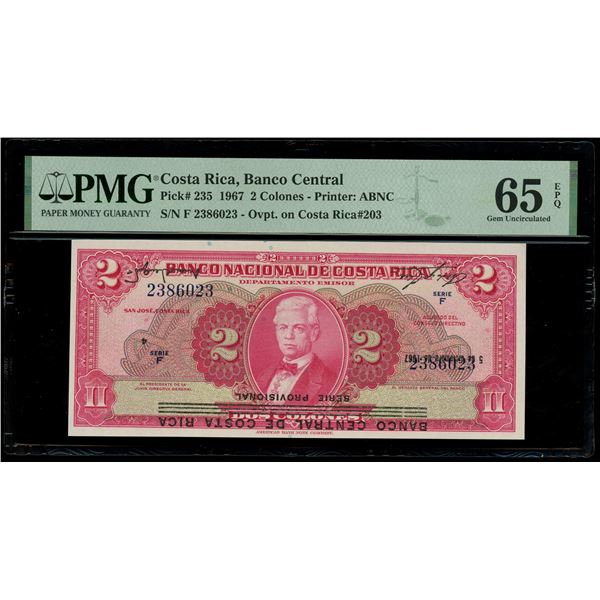 COSTA RICA, San José, Banco Central, 2 colones, 5-12-1967, series F, serial 2386023, inverted overpr