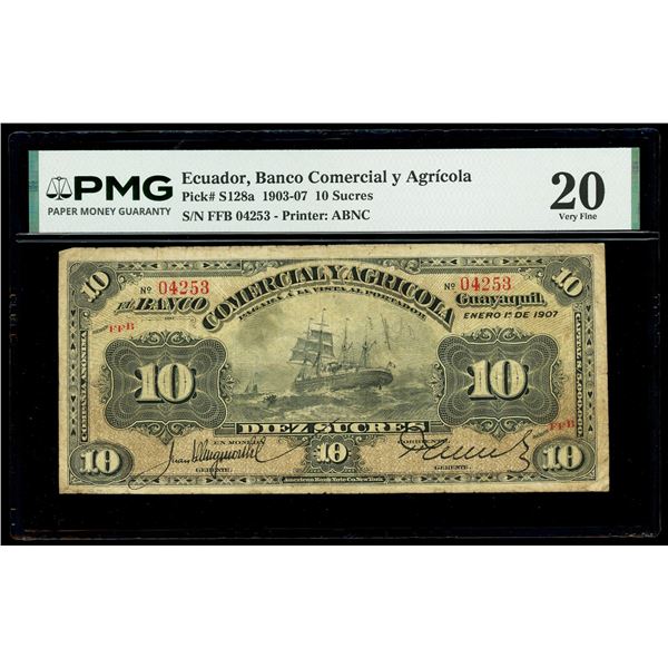 ECUADOR, Guayaquil, Banco Comercial y Agrícola, 10 sucres, 1-1-1907, series FFB, serial 04253, rare,