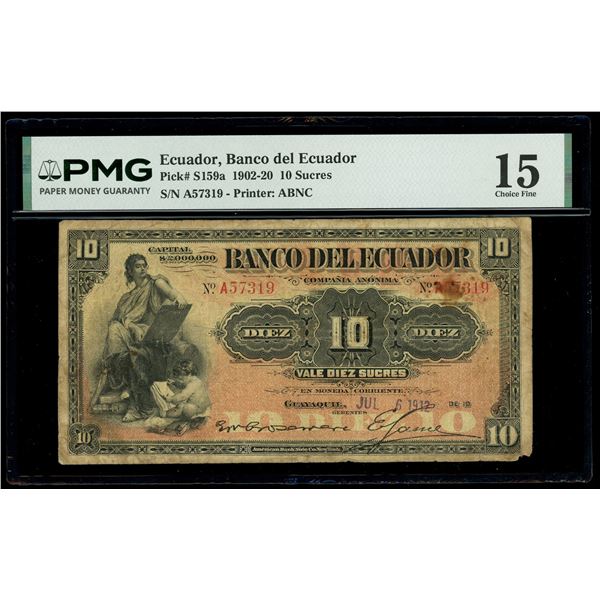 ECUADOR, Guayaquil, Banco del Ecuador, 10 sucres, 6-7-1912, serial A57319, rare, PMG Choice F 15.