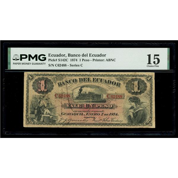 ECUADOR, Guayaquil, Banco del Ecuador, 1 peso, 2-1-1874, series C, serial C62488, PMG Choice F 15.