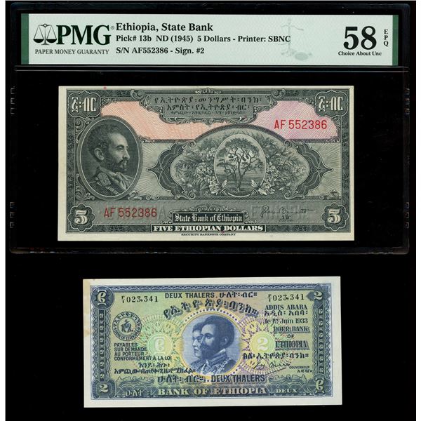ETHIOPIA, lot of three notes: 2 thalers, 1-6-1933; 5 dollars, (1945), PMG Choice AU 58 EPQ; 1 dollar