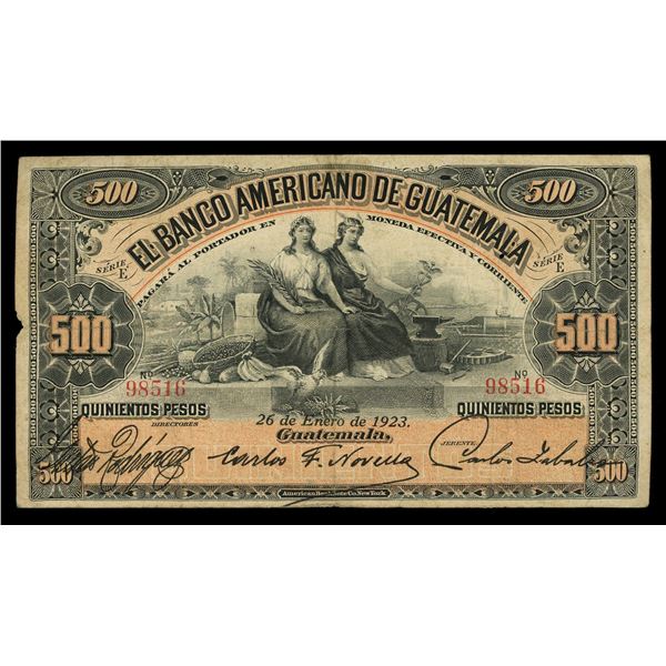 GUATEMALA, Banco Americano, 500 pesos, 26-1-1923, series E, serial 98516.