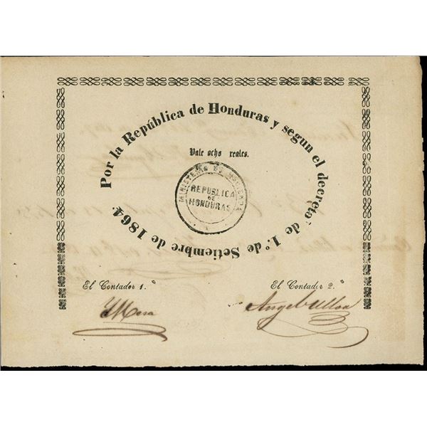 HONDURAS, 8 reales, 1-9-1864, with embossed and inked Ministerio de Hacienda stamps, rare. Pick-unl.