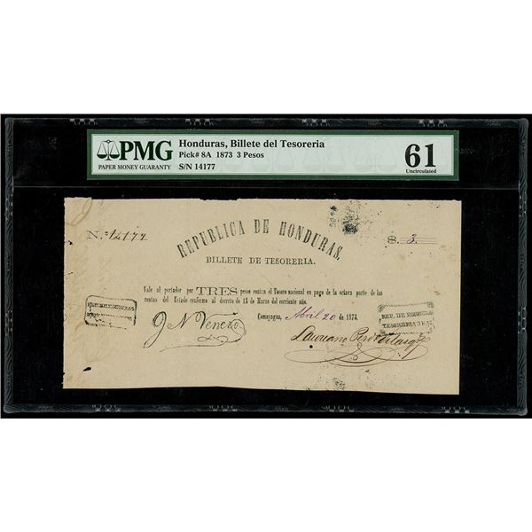 HONDURAS, Comayagua, Billete de Tesoreria, 3 pesos, 20-4-1873, serial 14177, rare, PMG UNC 61.