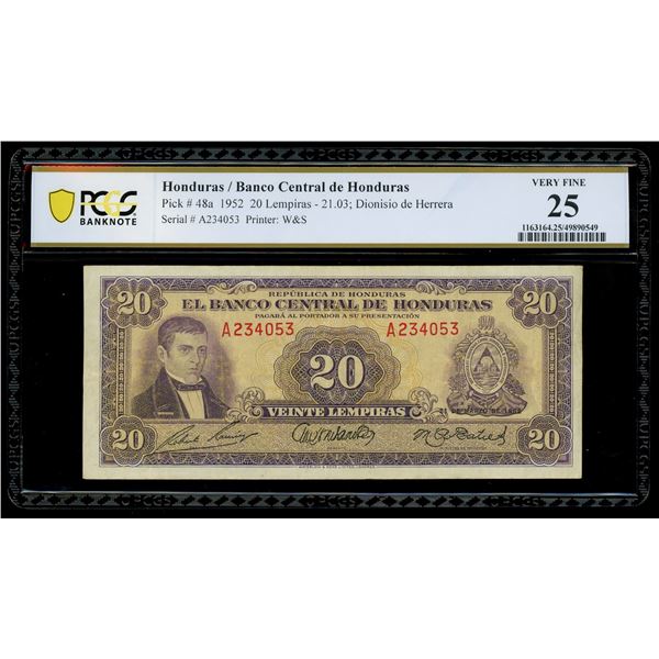 HONDURAS, Banco Central de Honduras, 20 lempiras, 21-3-1952, serial A234053, PCGS Banknote Very Fine