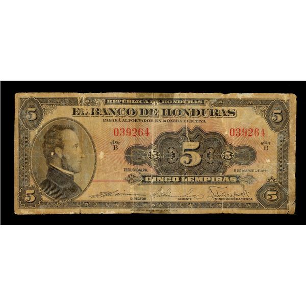 HONDURAS, Tegucigalpa, Banco de Honduras, 5 lempiras, 5-3-1941, series B, serial 039264, with 25-5-1