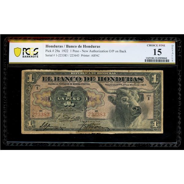 HONDURAS, Tegucigalpa, Banco de Honduras, 1 peso, 27-5-1922, serial 223383, series 1, with 13-7-1925