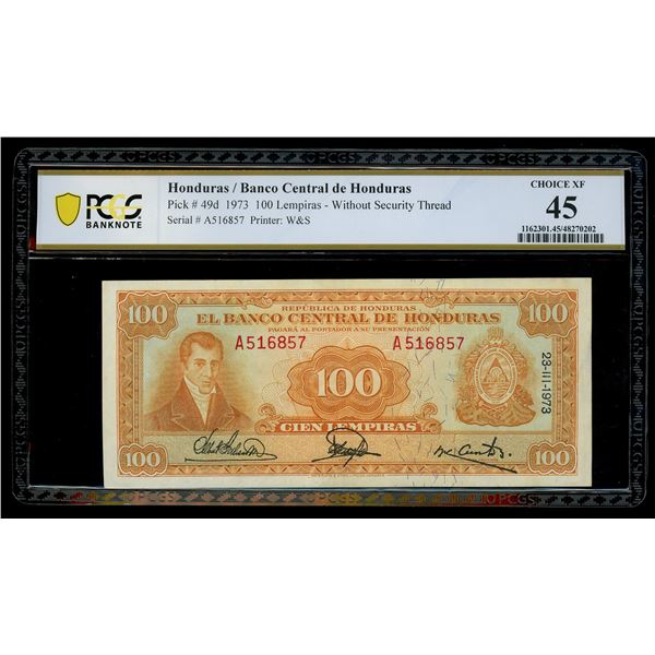 HONDURAS, Banco Central, 100 lempiras, 23-3-1973, serial A516857, without security thread, PCGS Bank