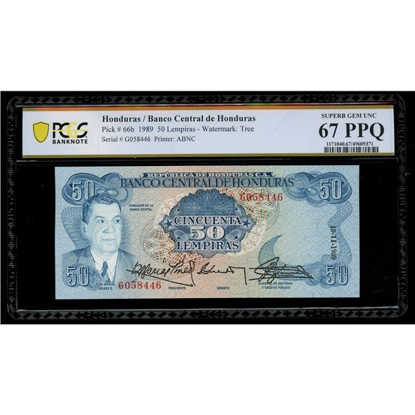 HONDURAS, Banco Central, 50 lempiras, 10-11-1989, serial G058446, PCGS Banknote Superb Gem Unc 67 EP