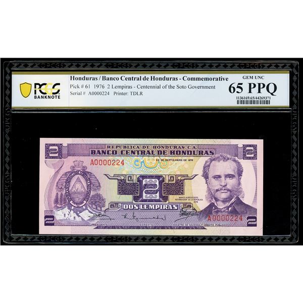 HONDURAS, Banco Central, 2 lempiras, 23-9-1976, serial A0000224, PCGS Banknote Gem UNC 65 PPQ.