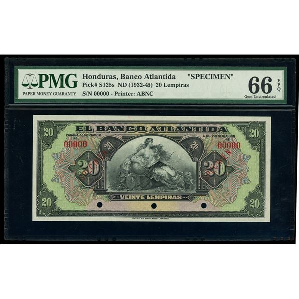 HONDURAS, Banco Atlántida, 20 lempiras, (1932-45), PMG Gem UNC 66 PPQ.