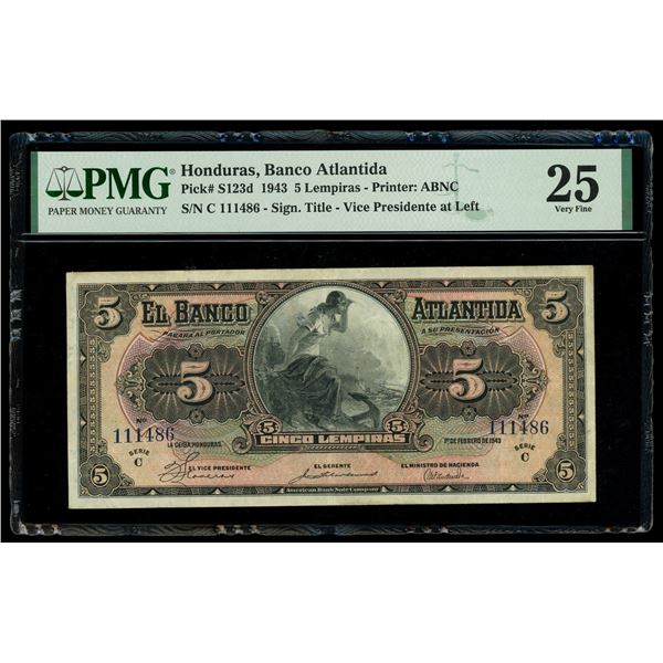 HONDURAS, La Ceiba, Banco Atlántida, 5 lempiras, 1-2-1943, series C, serial 111486, PMG VF 25.