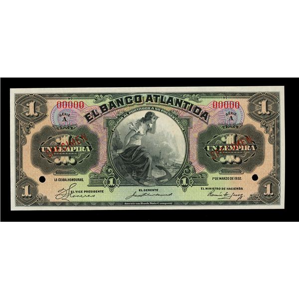 HONDURAS, Banco Atlántida, 1 lempira specimen, 1-3-1932, series A.