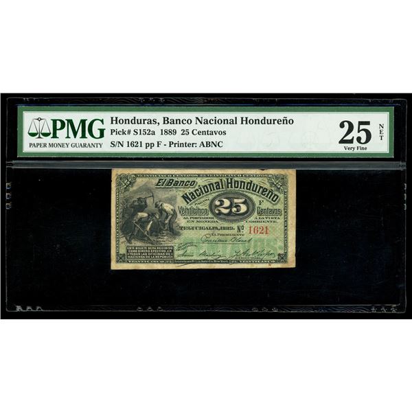 HONDURAS, Tegucigalpa, Banco Nacional Hondureño, 25 centavos, 1889, serial 1621, PMG VF 25 NET.