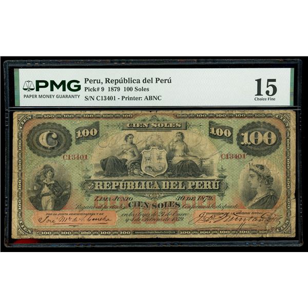 PERU, Lima, República del Peru, 100 soles, 30-6-1879, serial 41903, PMG Choice F 15.
