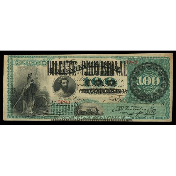 PERU, Lima, República del Peru, 100 centavos de Inca, 1-1-1881, serial 3283, black overprint on 1873