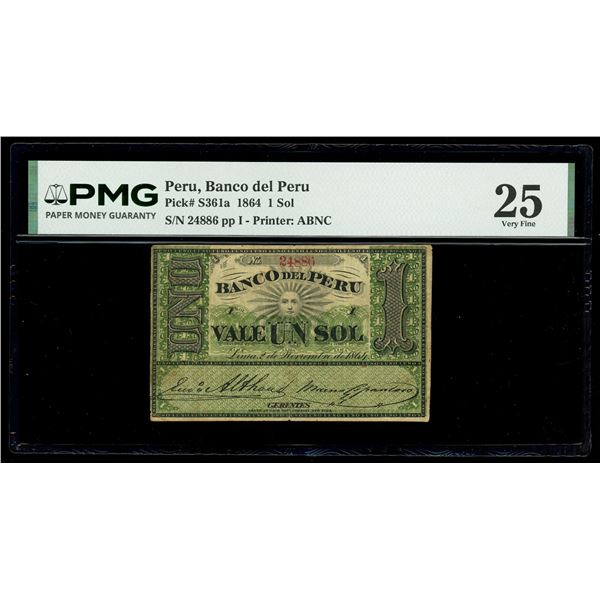 PERU, Lima, Banco del Peru, 1 sol, 2-11-1864, serial 24886, PMG VF 25.